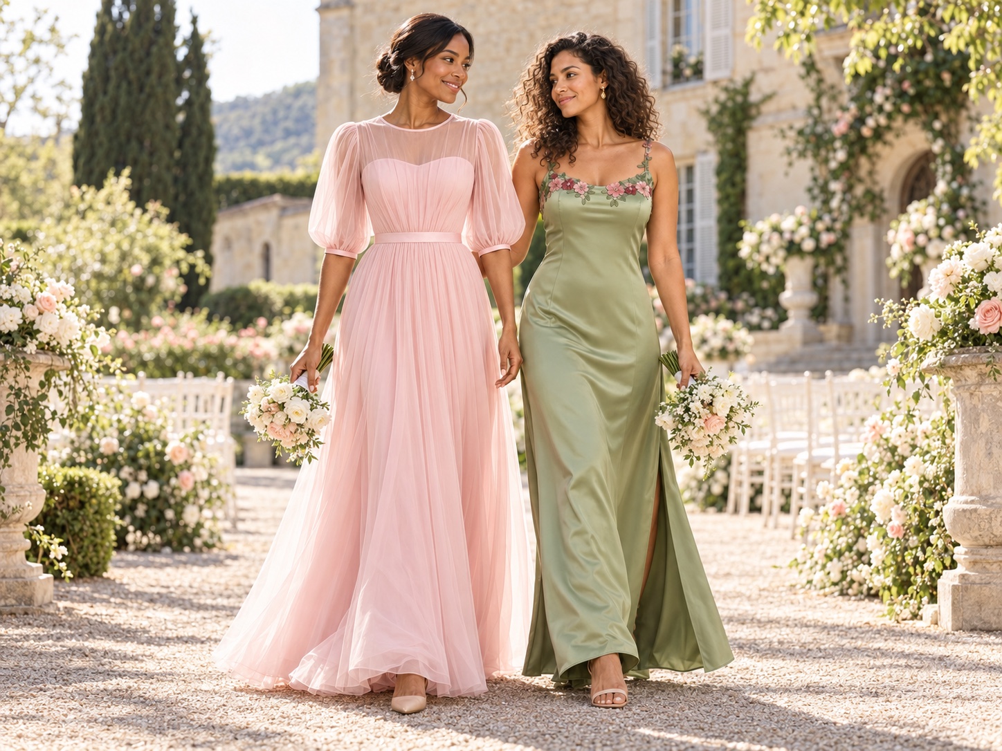 2 demoiselles d’honneur en robes rose pastel et vert sauge dans un jardin de mariage