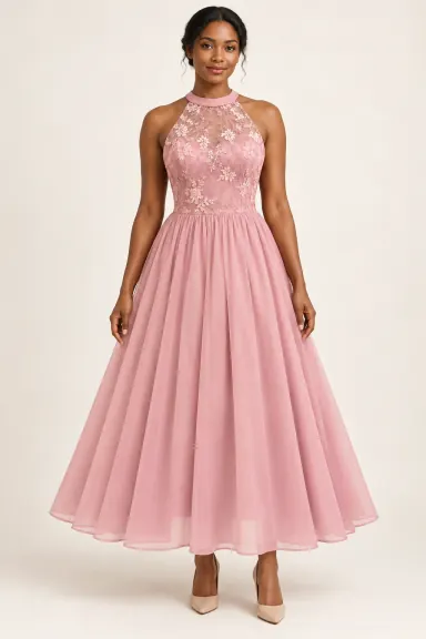 Robe demoiselle d’honneur dentelle Lison, rose poudré : robe portée par une femme adulte