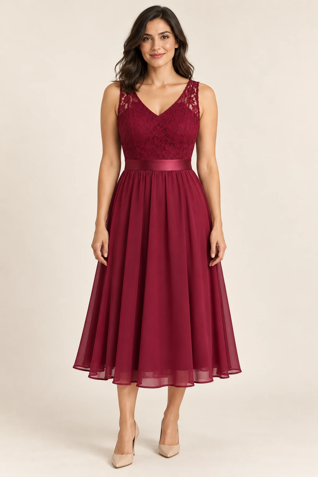 Robe demoiselle d’honneur dentelle Bertille, bordeaux : robe portée par une femme adulte