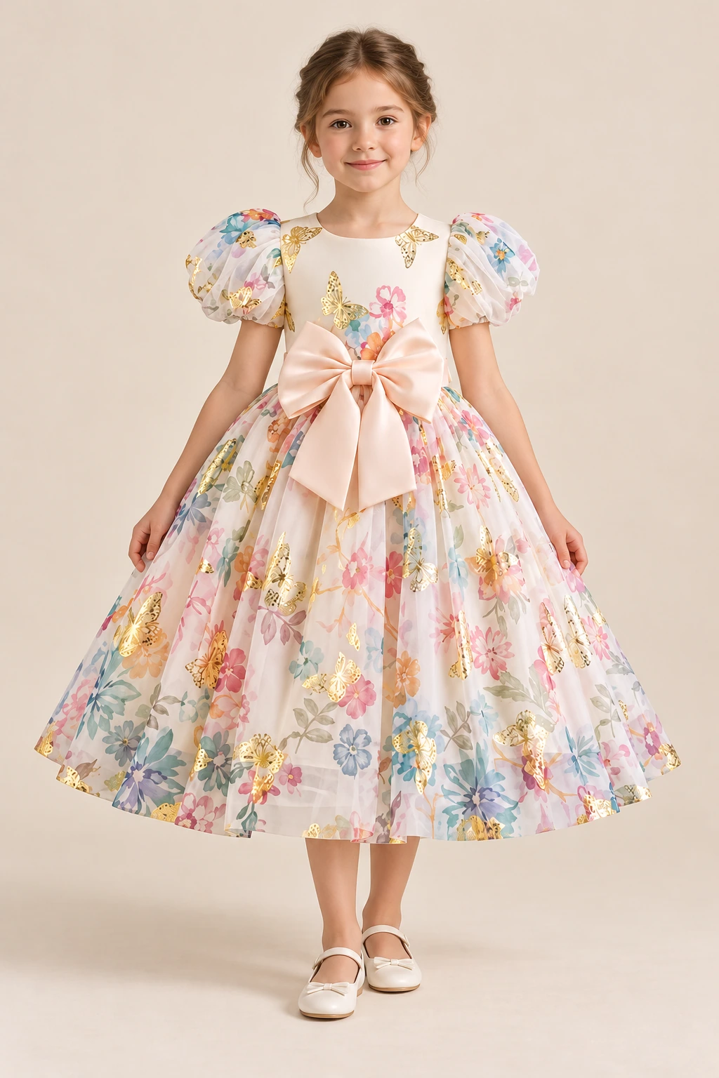 Robe demoiselle d’honneur fillette Violette, crème fleuri : robe portée par une fillette