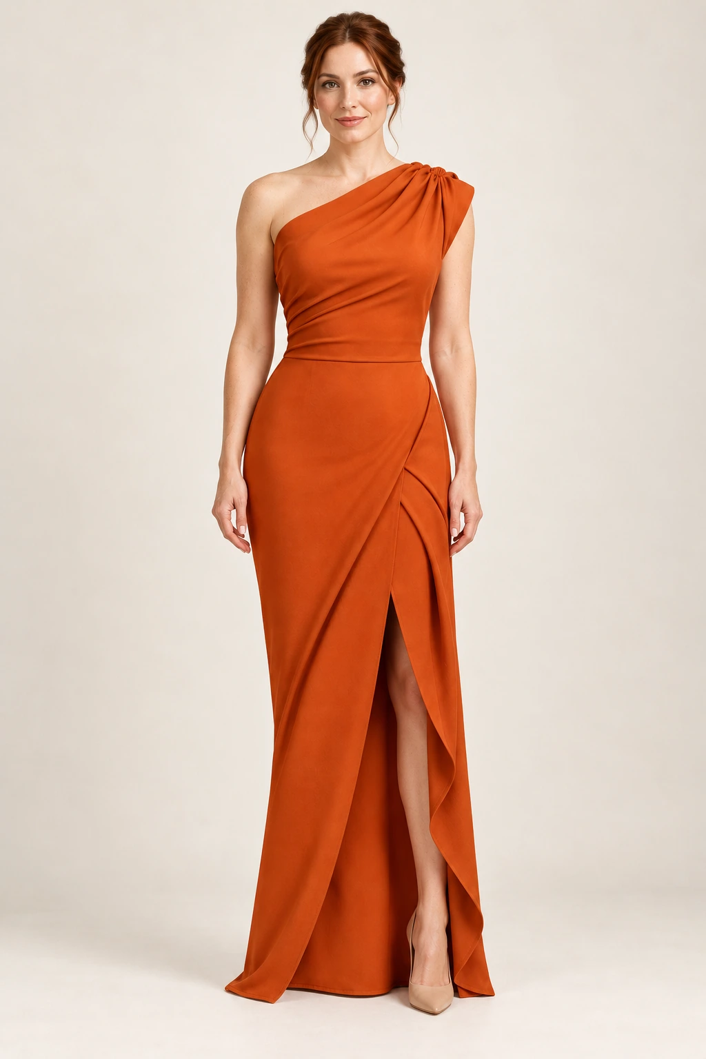 Robe demoiselle d’honneur orange Solène, orange cuivré : robe portée par une femme adulte