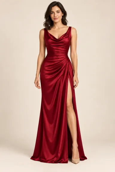 Robe demoiselle d’honneur satin Grenat, bordeaux profond : robe portée par une femme adulte