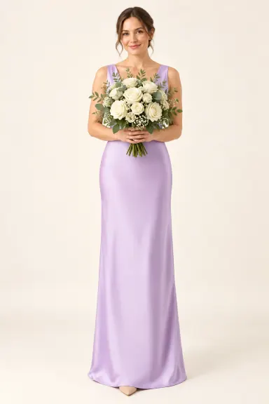 Robe demoiselle d’honneur satin Lilas, lilas clair : robe portée par une femme adulte
