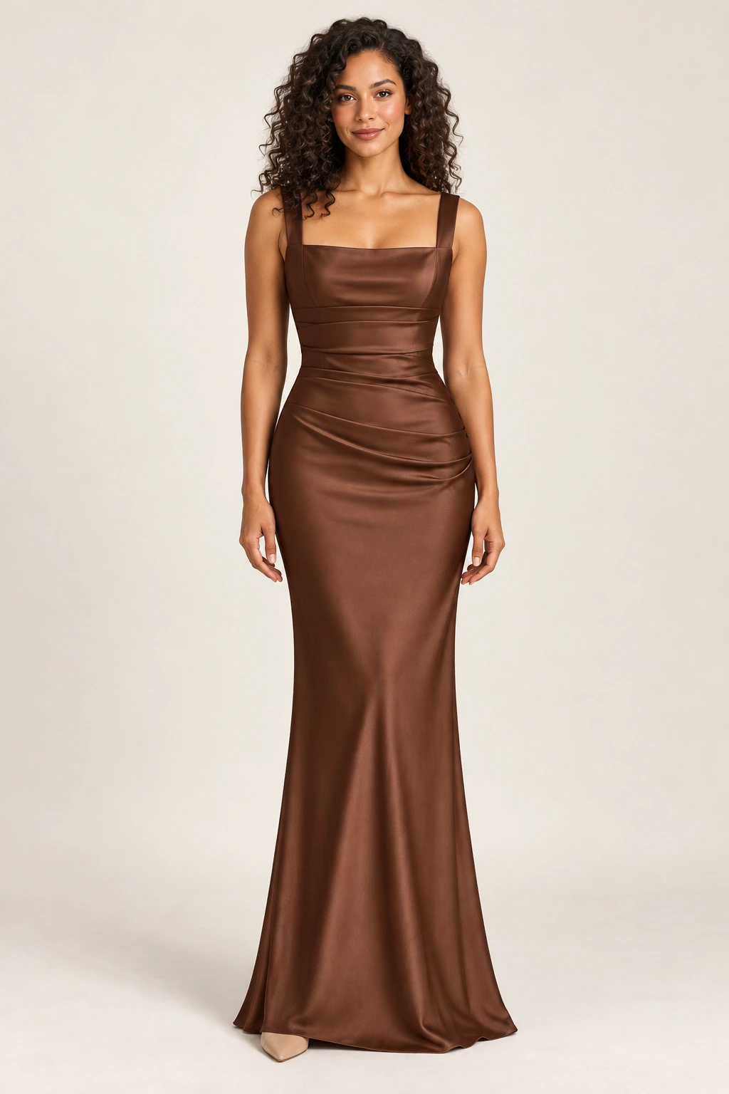 Robe demoiselle d’honneur satin Moka, brun café : robe portée par une femme adulte