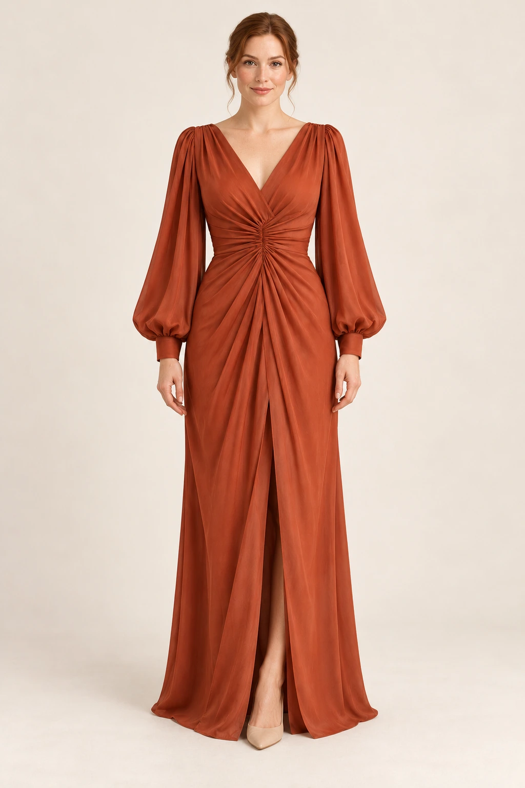 Robe demoiselle d’honneur terracotta Sienna, rouille cuivré : robe portée par une femme adulte