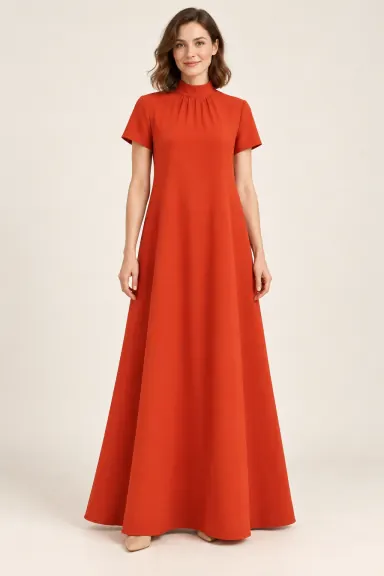 Robe demoiselle d’honneur terracotta Ocre, rouge orangé brique : robe portée par une femme adulte