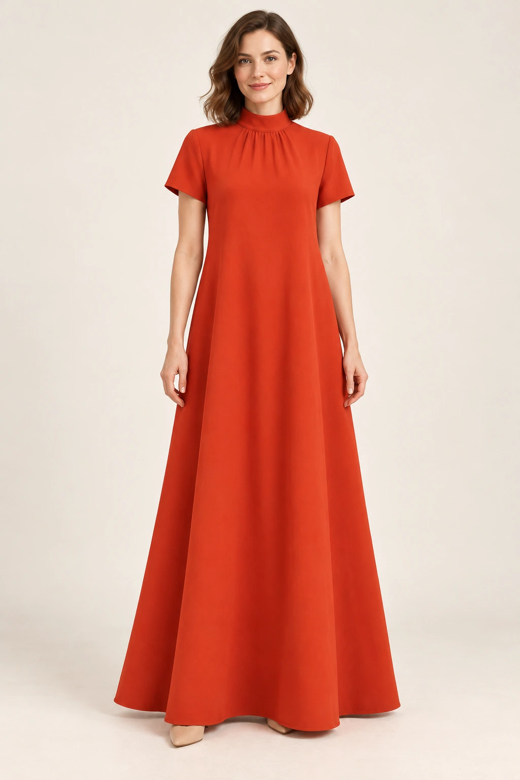 Robe demoiselle d’honneur terracotta Ocre, rouge orangé brique : robe portée par une femme adulte